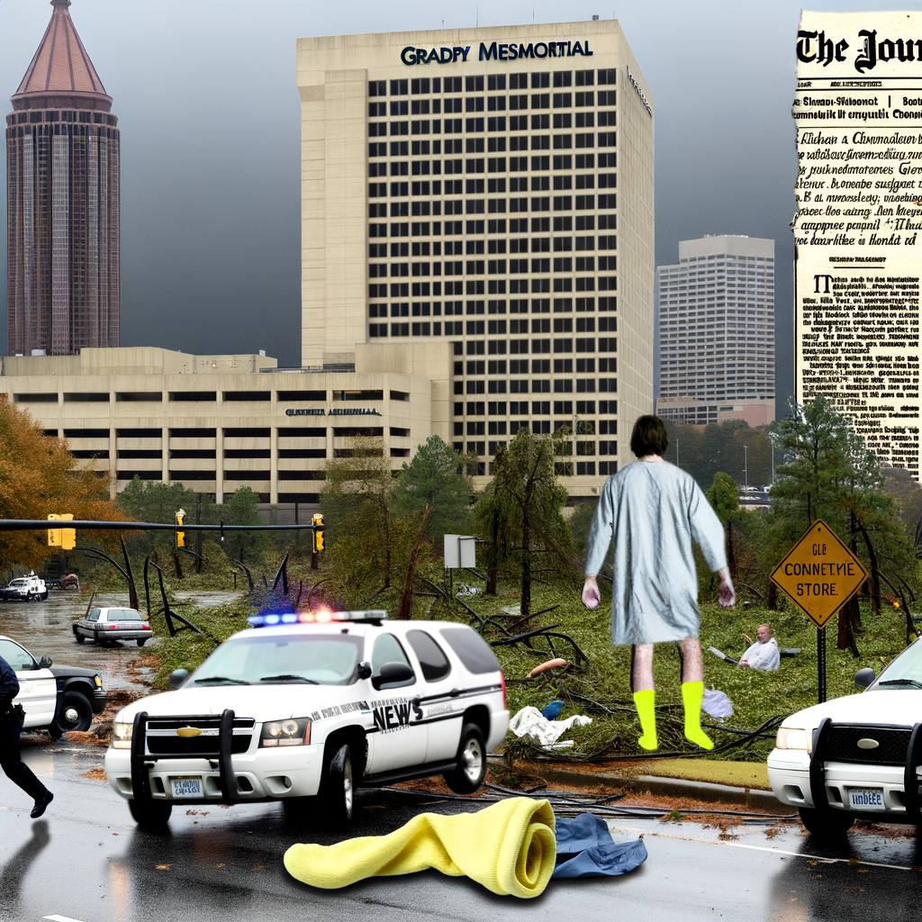 Alt text: "Atlanta police searching for Carwon Marquavious Redding, a murder suspect who escaped from Grady Memorial Hospital while wearing a medical gown and yellow socks, amid Hurricane Helene's power outages and downed trees."