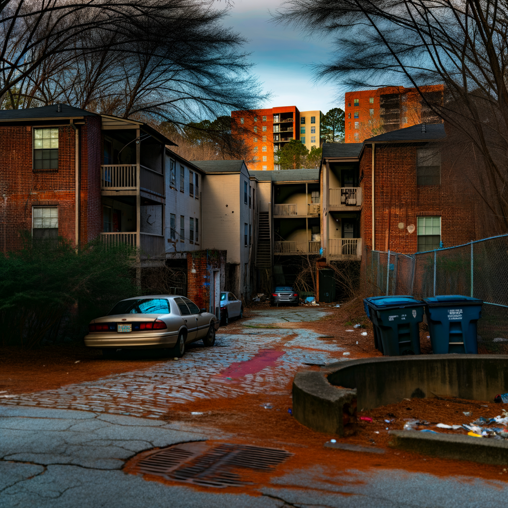 "Crime scene at 925 Conley Road in southeast Atlanta, where a man was found dead from multiple gunshot wounds, highlighting the area's ongoing violence and neglect issues. The apartment complex, previously known as Conley Square, has a history of criminal