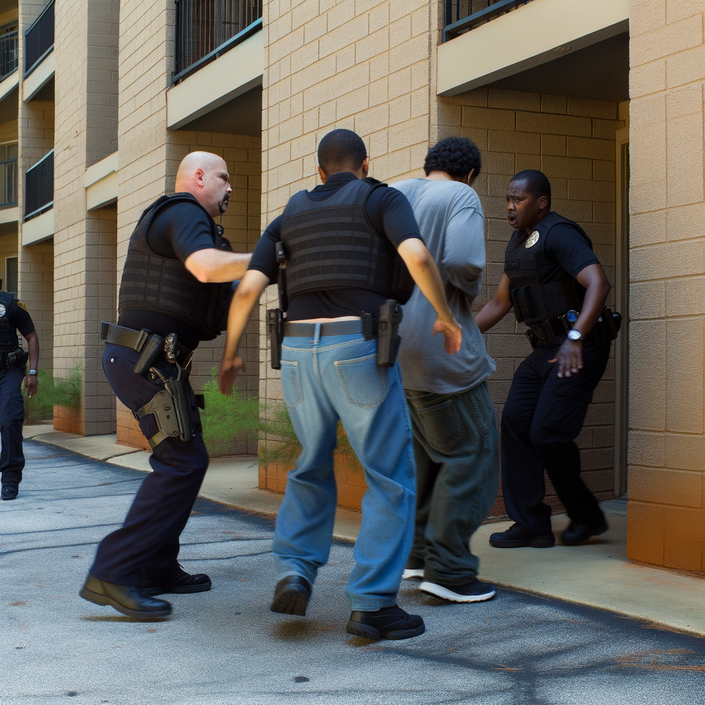 Alt text: "DeKalb County sheriff's deputy at the scene of a shooting incident on Covington Highway where suspect Marquiece Beadle, 34, was shot after pulling a firearm during an attempted arrest for murder and drug charges."