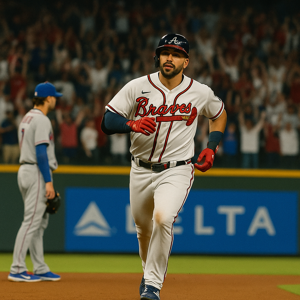 Atlanta Braves player rounding the bases as fans cheer during a home game.