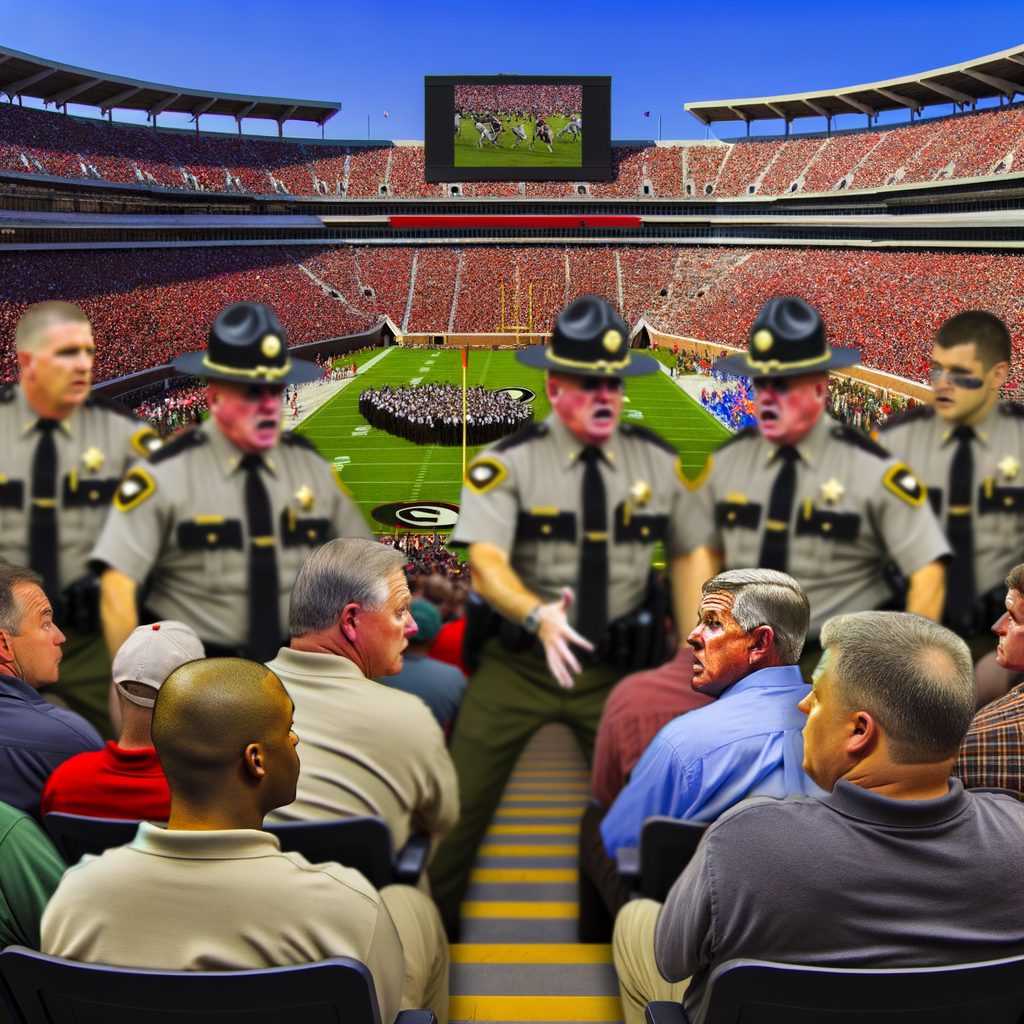 Alt text: "Jacksonville Sheriff’s deputies confront fans at the Georgia-Florida football game, with one deputy using a Taser on a seated man, highlighting incidents of police altercations during the rivalry match at EverBank Stadium."