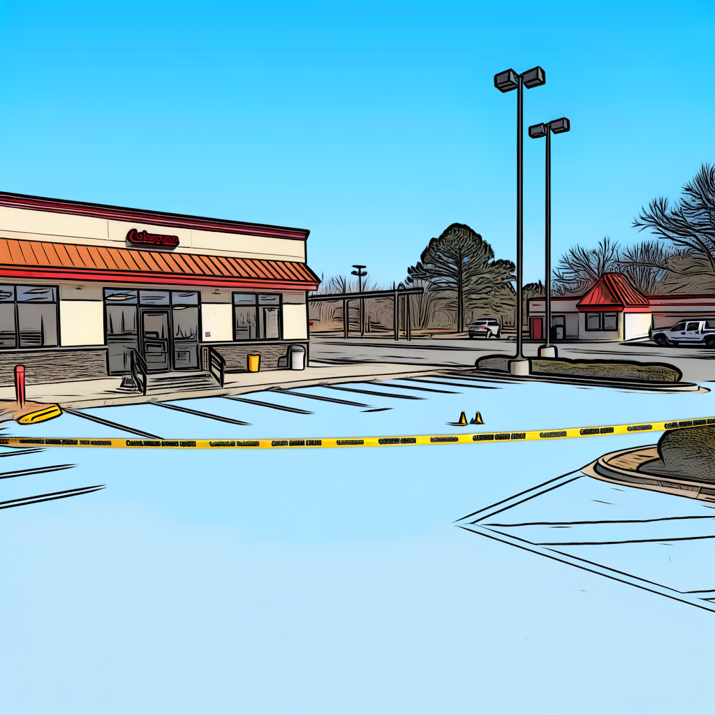 Alt text: "Police investigate a deadly shooting outside McDonald's on Sugarloaf Parkway in Gwinnett County, Atlanta, with yellow crime scene tape marking off the area after an argument between two men escalated. The scene highlights local crime concerns in