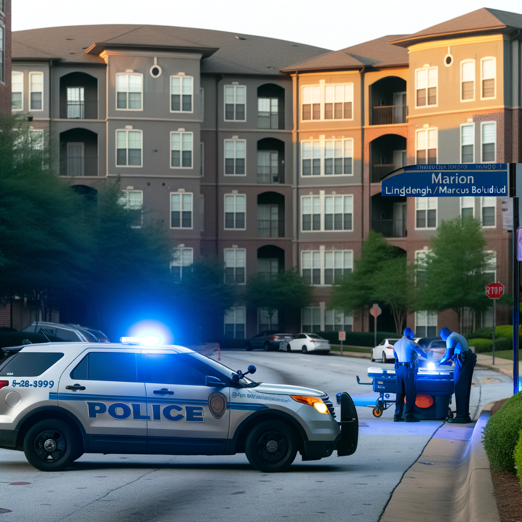 Alt text: "Atlanta police at the scene of a fatal stabbing at Marion Apartments in Buckhead, where 90-year-old Chun Kim was found dead on September 25, 2023. Detectives arrested 65-year-old Janet Williams for the