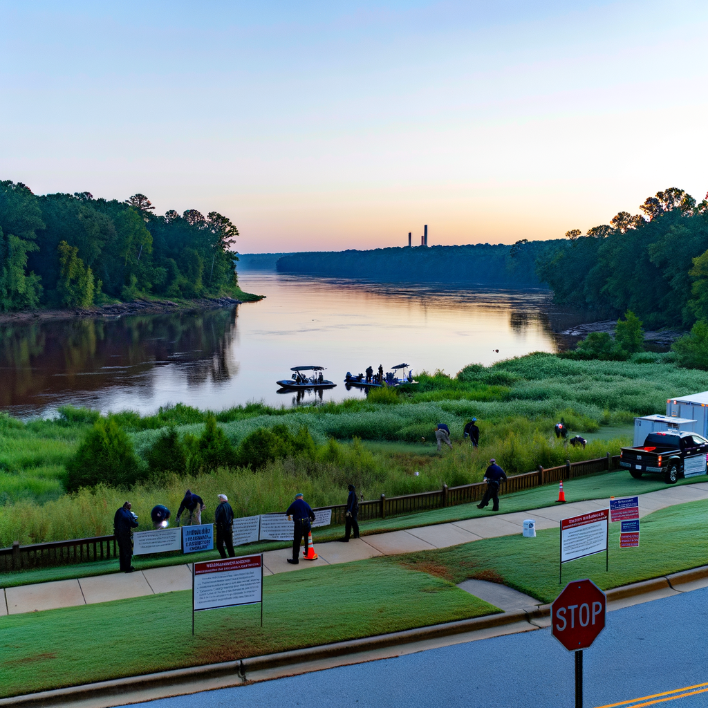 "Search teams in Amerson River Park, Macon, Georgia, as authorities look for missing girls and man after they vanished in the river; dive teams and local law enforcement conduct search efforts."