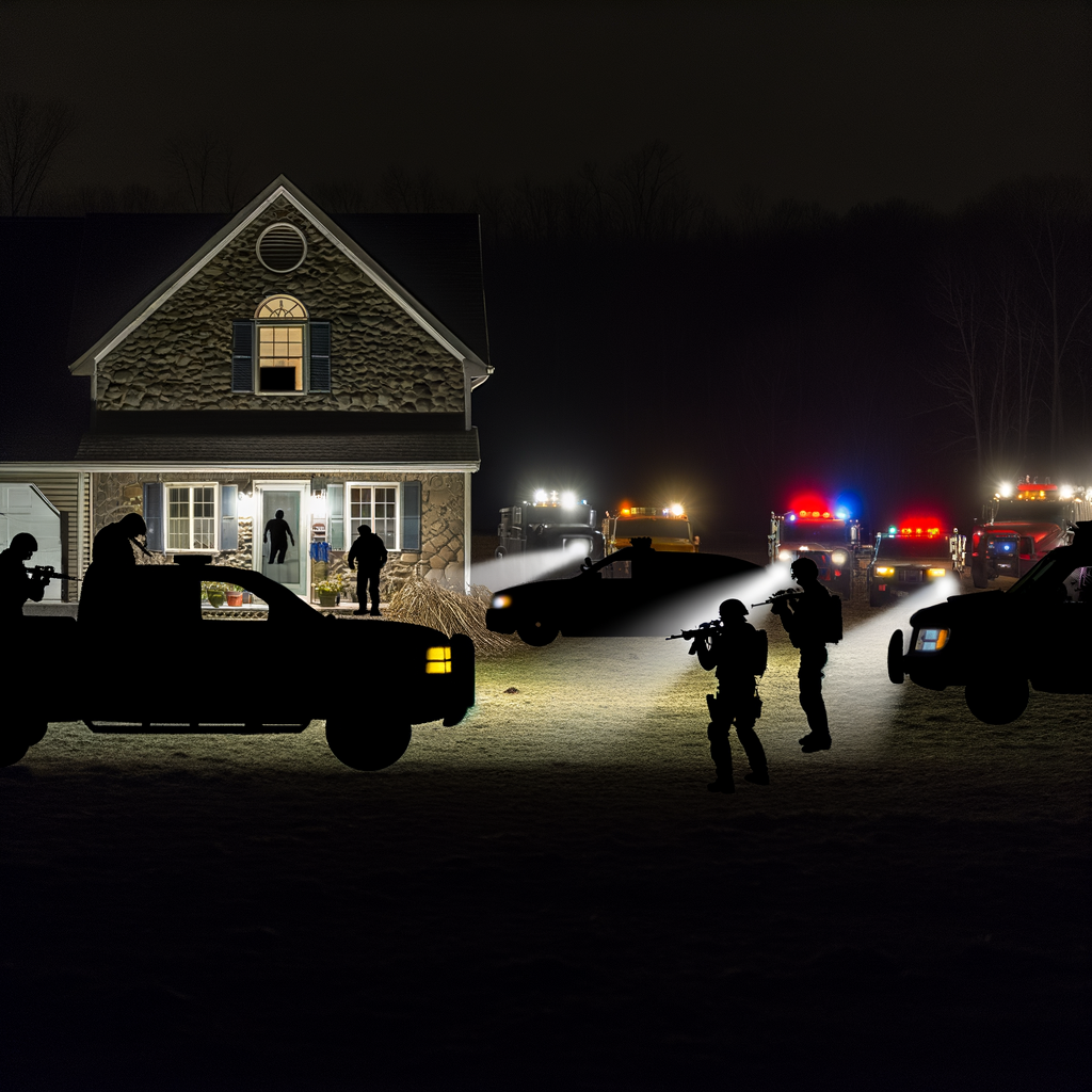 Alt text: "Cherokee County sheriff's deputies at the scene of a fatal shooting involving a suspect wanted for rape, outside a home on Ficklen Church Way near Canton, Georgia. Law enforcement officials attempted to negotiate with the armed suspect before calling