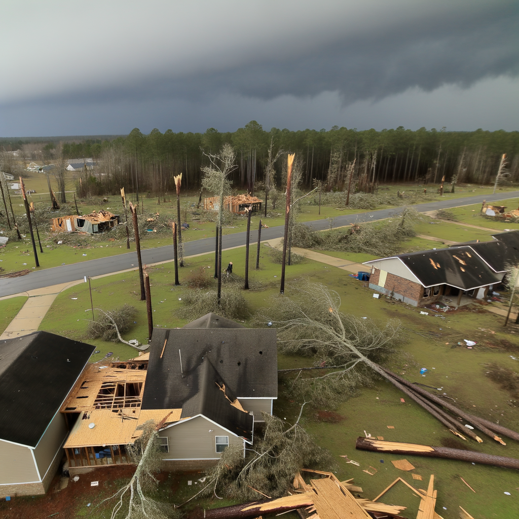 Alt text: "Damage from EF-1 tornado in Butts County, Georgia, showing uprooted trees and damaged homes after severe storms in metro Atlanta, October 2023."