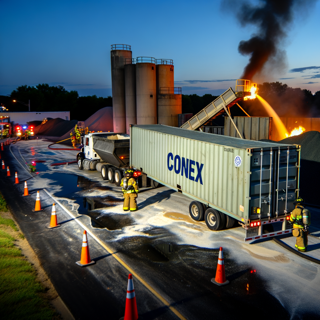 Alt text: "Firefighters extinguishing a blaze from a diesel fuel fire in a shipping container at Carmichael Development in Cherokee County, Atlanta, where two people were hospitalized with burn injuries following the incident."