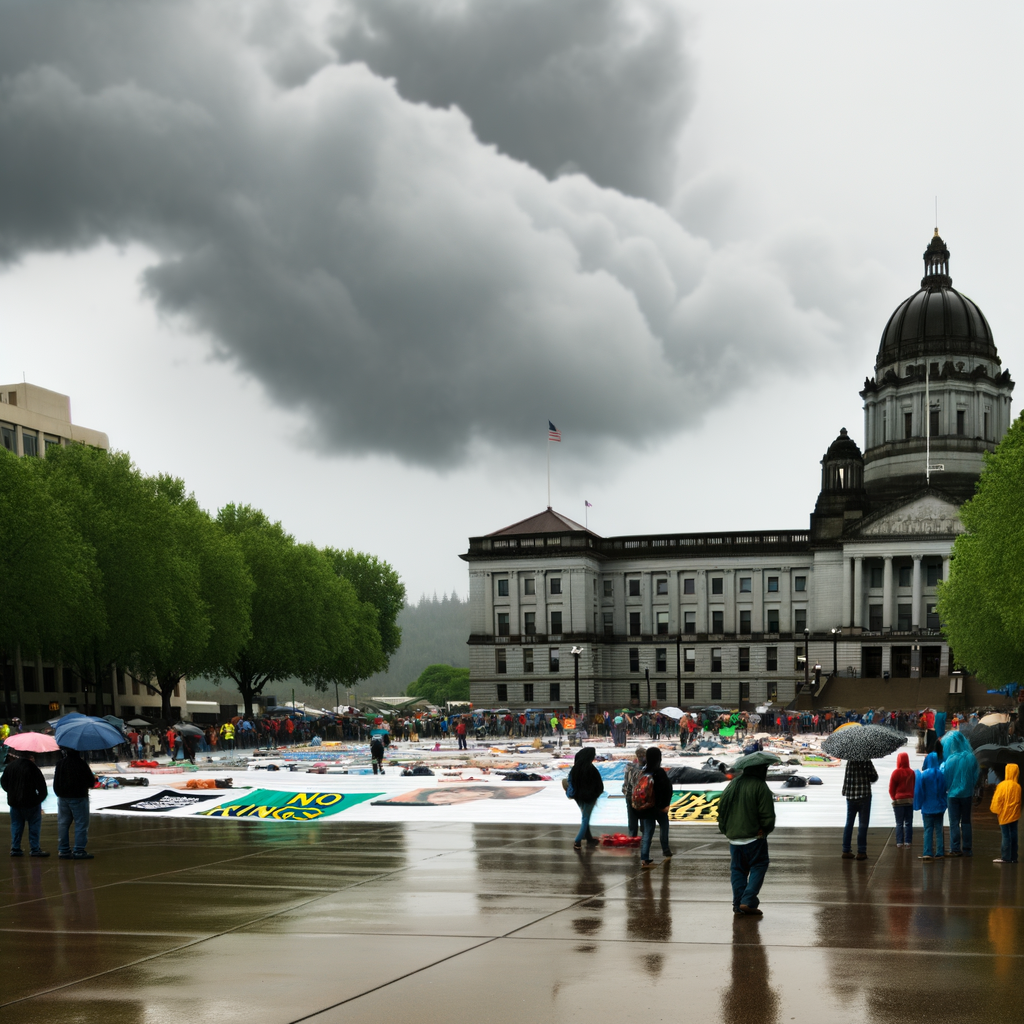 Alt text: "Protesters gather at Liberty Plaza in downtown Atlanta for the 'No Kings' rally against the Trump administration's immigration policies, amidst a rainy forecast with potential storms, emphasizing the importance of First Amendment rights."