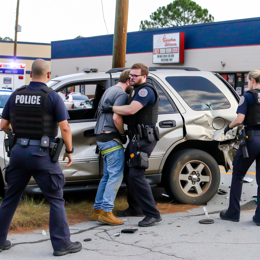 "Police officers responding to the scene of a northeast Georgia SUV crash into a business on Irvin Street in Cornelia, involving suspect Christian Drake Shurtleff, who fought with law enforcement and was shot during the altercation."