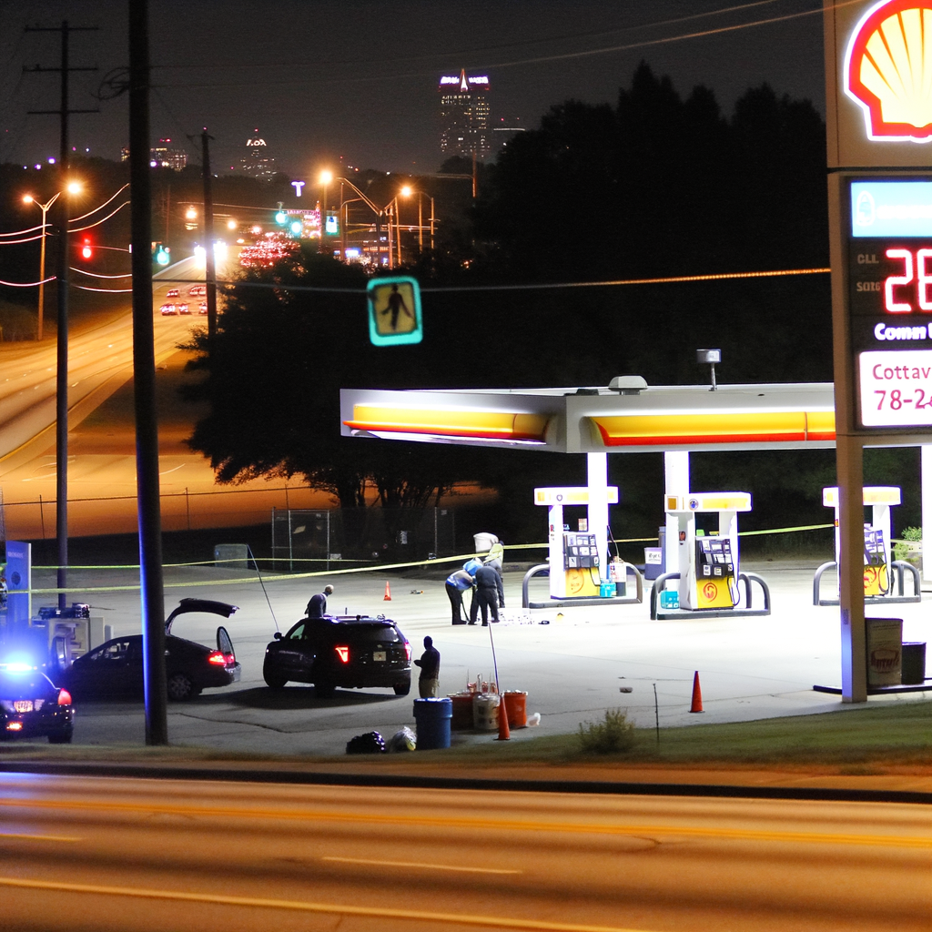 "DeKalb County gas station scene where 24-year-old Keon Smith was fatally shot in the head, surrounded by police caution tape and investigators gathering evidence on Panola Road near I-20."