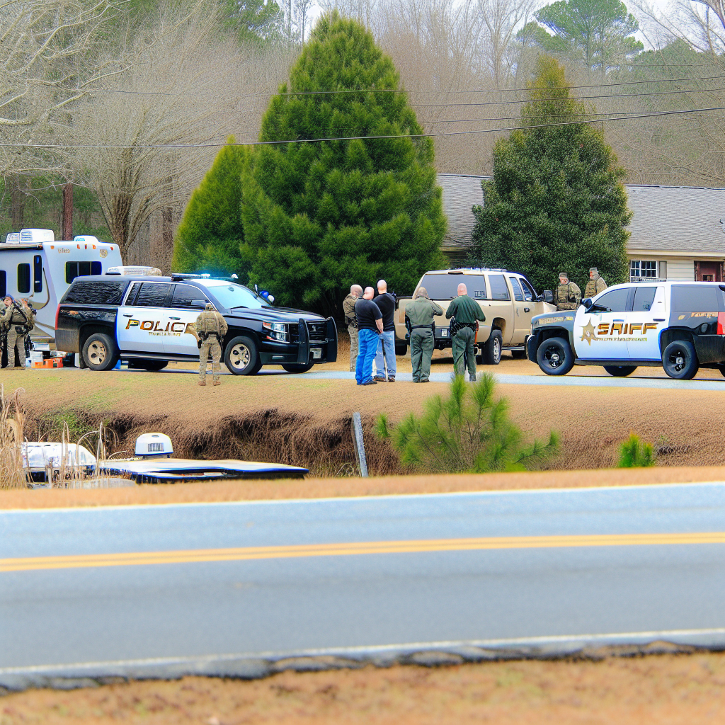 Alt text: "Forsyth County Sheriff's deputies at the scene of a fatal shooting during an arrest warrant operation on Cedar Drive, Banks County, Atlanta. Two individuals were shot and killed as authorities attempted to apprehend a sex offender violating probation conditions. G