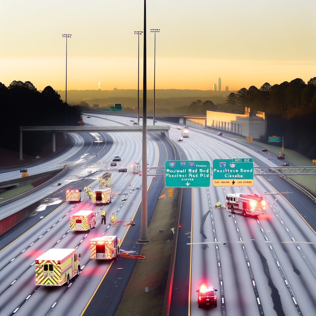 "Scene of a deadly wrong-way crash on Ga. 400 in Buckhead, Atlanta, with debris scattered across the highway after a multi-vehicle collision that resulted in a fatality, prompting lane closures and traffic control by fire crews."