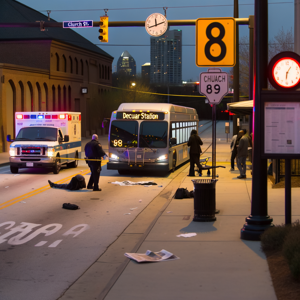 Alt text: "Scene near Decatur MARTA station where a bus driver was fatally shot during a fare dispute, highlighting rising crime concerns in Atlanta. Two suspects arrested and one at large, with bystander injured in the incident."