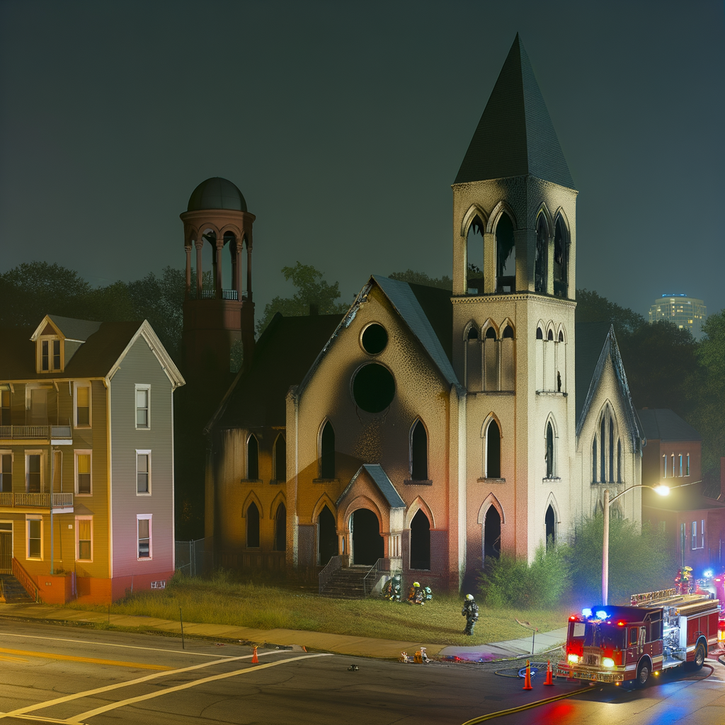 "Firefighters battling flames at an abandoned church in northwest Atlanta, where two bodies were discovered after a late-night fire engulfed the former Amazing Grace Christian Community Church on Cameron M. Alexander Boulevard."