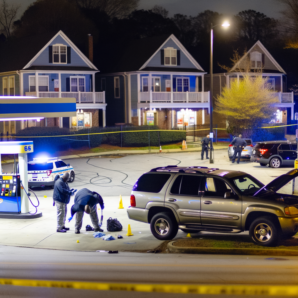 Alt text: "South Fulton police investigate a shooting scene at a Shell gas station on Old National Highway, where a man was found shot inside a silver SUV. The incident is linked to gunfire originating from a nearby home on Kimberly Forest Court."