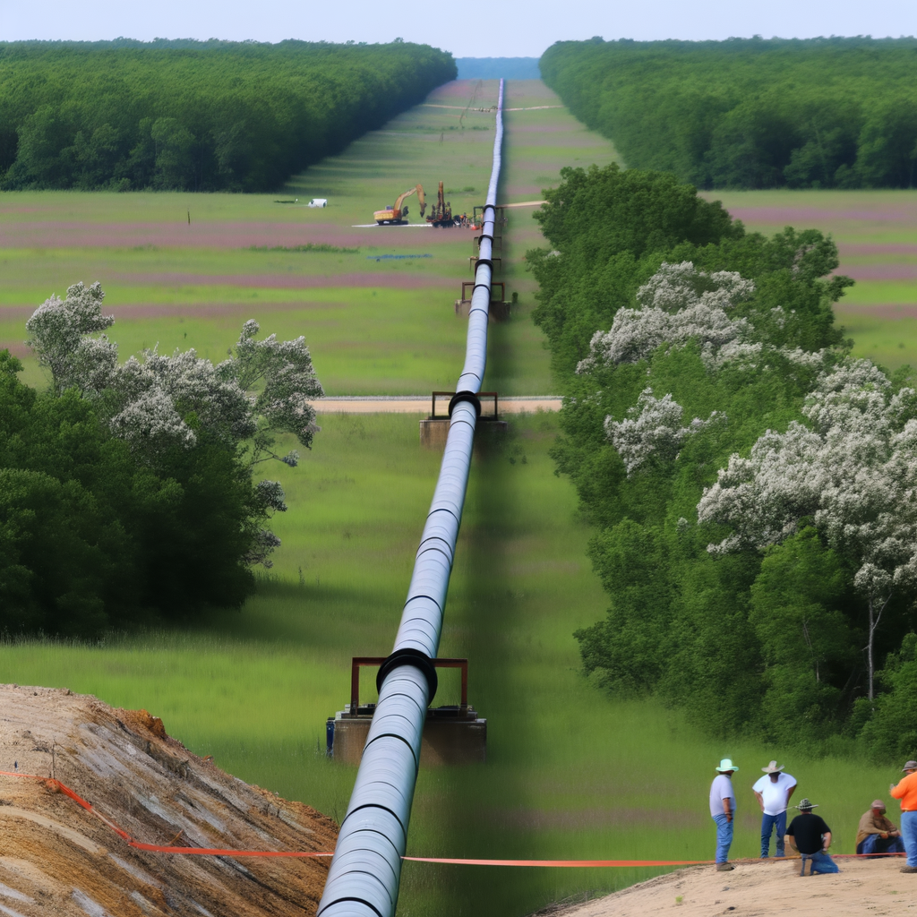 "Colonial Pipeline crews assess potential gasoline leak in Paulding County, Georgia, prompting temporary shutdown of Line 1, which transports fuel from Texas to New Jersey. Image shows pipeline workers near Peg Cole Bridge Trail, highlighting the importance of pipeline safety and