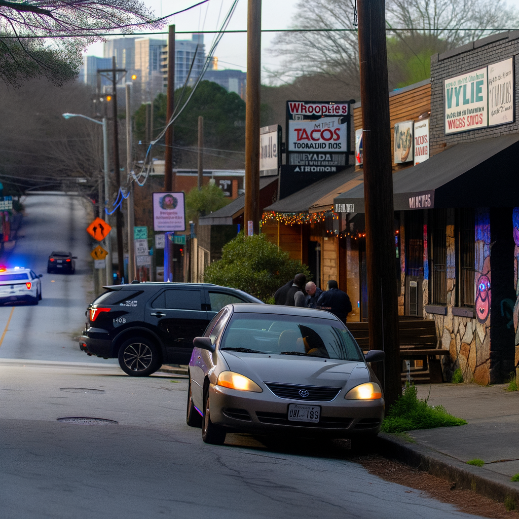 "Crime scene in Reynoldstown, Atlanta, where a man was found dead from a gunshot wound inside a parked car on Wylie Street, near popular restaurants like Whoopsie’s and Pretty Little Tacos."