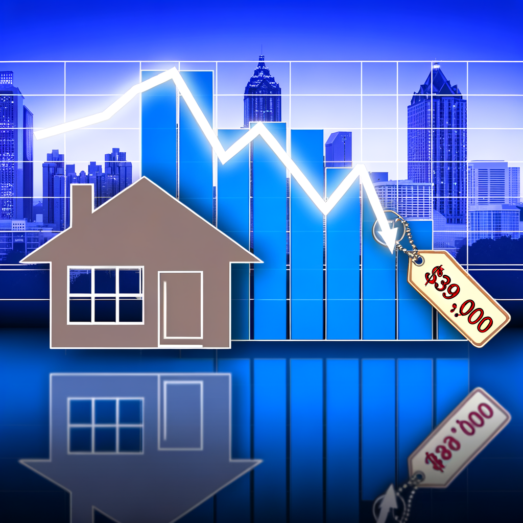 "Graph showing the decline in median home sale prices in Atlanta, highlighting a 2.5% decrease year over year, indicating a shift to a buyers' market amid rising mortgage rates and increased home supply."