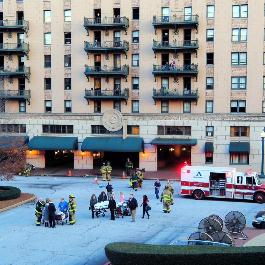 Alt text: "Firefighters responding to a carbon monoxide leak at the Residence Inn by Marriott in downtown Atlanta, where guests were evacuated and several taken to hospitals for monitoring."