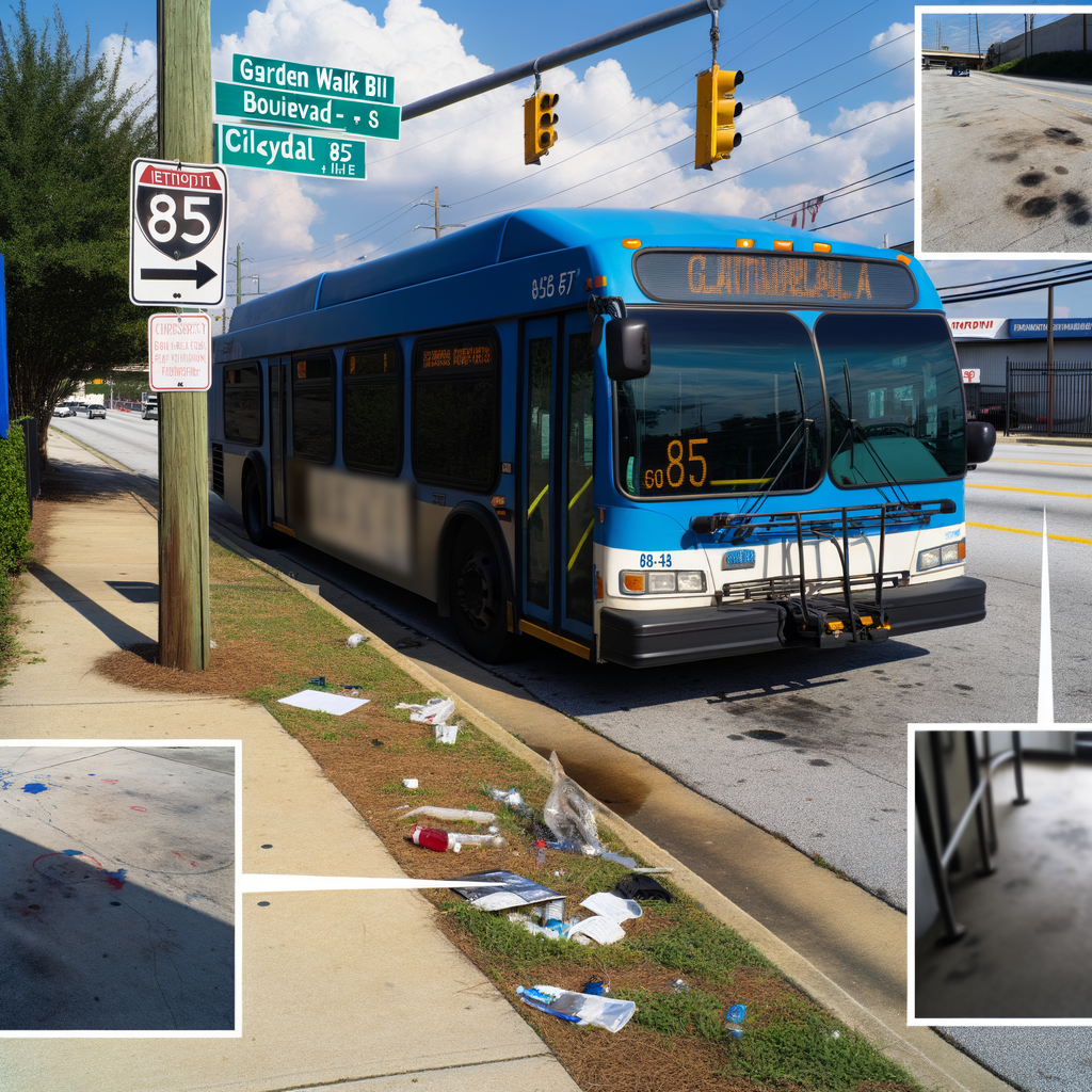 "Scene of MARTA bus shooting in Clayton County, Atlanta, where a bystander was injured during a shootout between two passengers. The image shows the bus stop at Garden Walk Boulevard and Ga. 85, near I-75, highlighting the