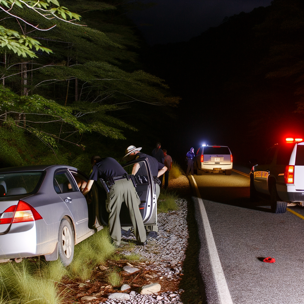 Alt text: "Towns County sheriff's deputy injured in gun struggle during traffic stop on Plott Town Road, Young Harris, Georgia; suspect remains at large in silver Honda sedan, GBI investigation ongoing."