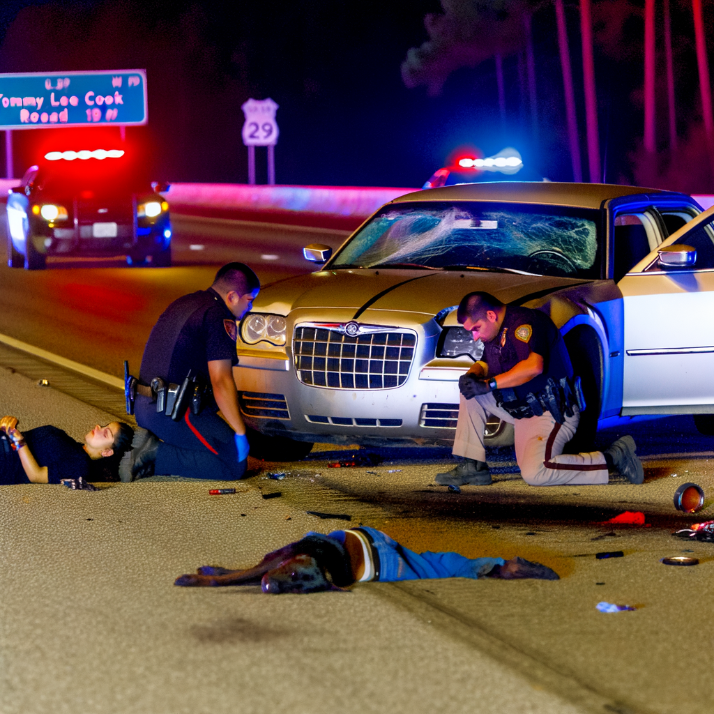 "Atlanta crime news image depicting the aftermath of a high-speed chase in Coweta County, showing a damaged Chrysler 300 involved in the pursuit. The scene highlights the serious incident where a sheriff's deputy was injured and K-9 Titan was tragically