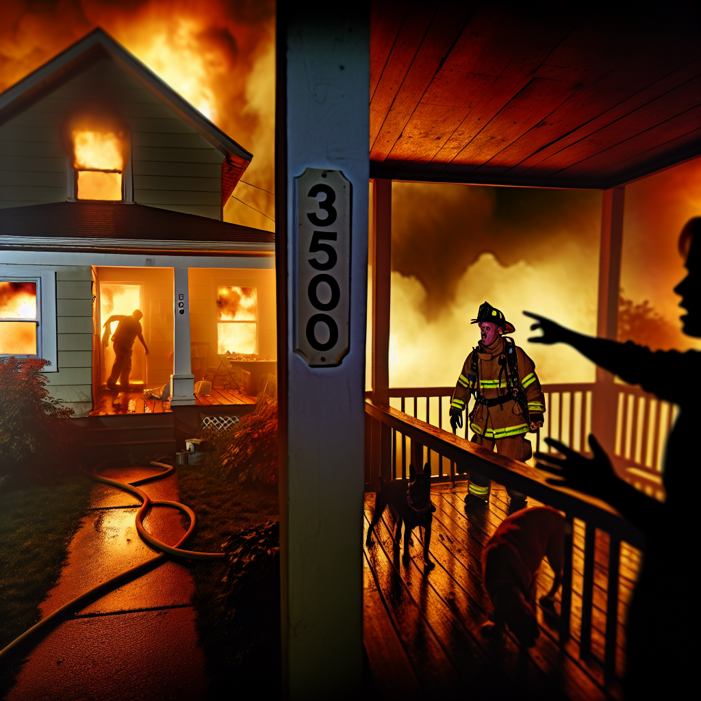 "Firefighters rescuing a man and his dog from a burning house in Lawrenceville, Gwinnett County, early Wednesday morning, showcasing the urgent response to a residential fire caused by electrical issues."