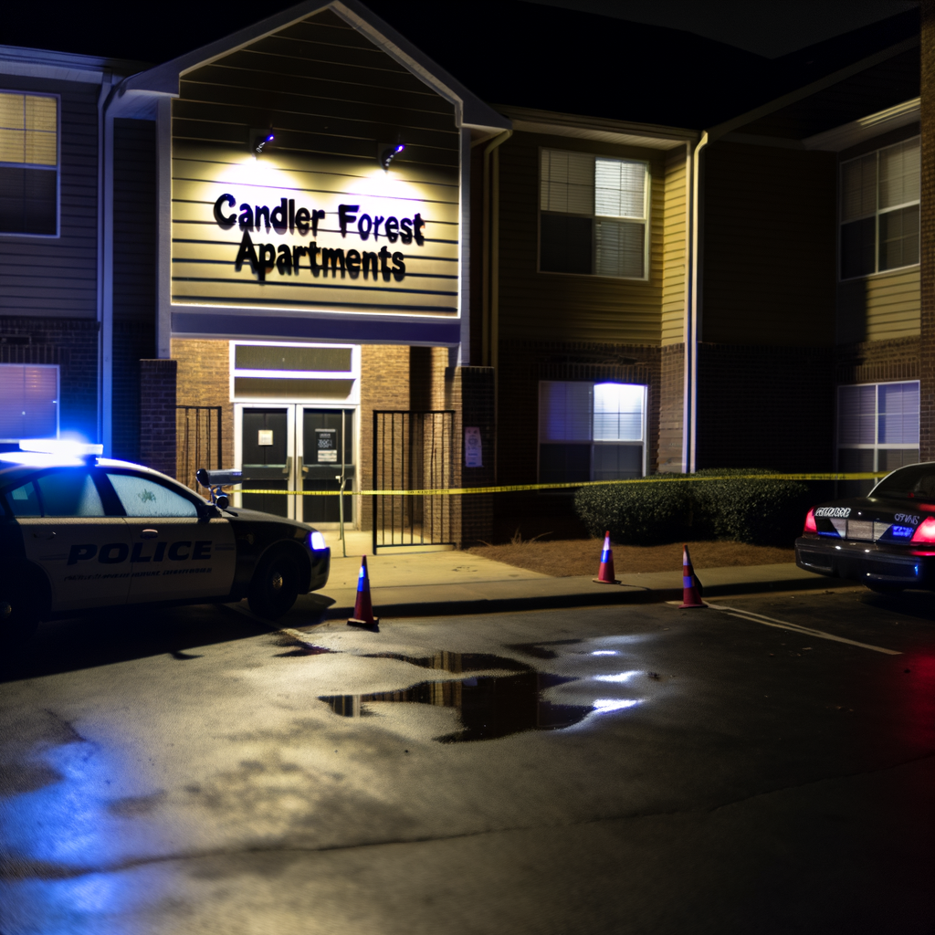 "Crime scene at Candler Forest Apartments in DeKalb County, Atlanta, where a man was found dead from multiple gunshot wounds late Thursday night, highlighting ongoing violence and police investigation in local neighborhoods."