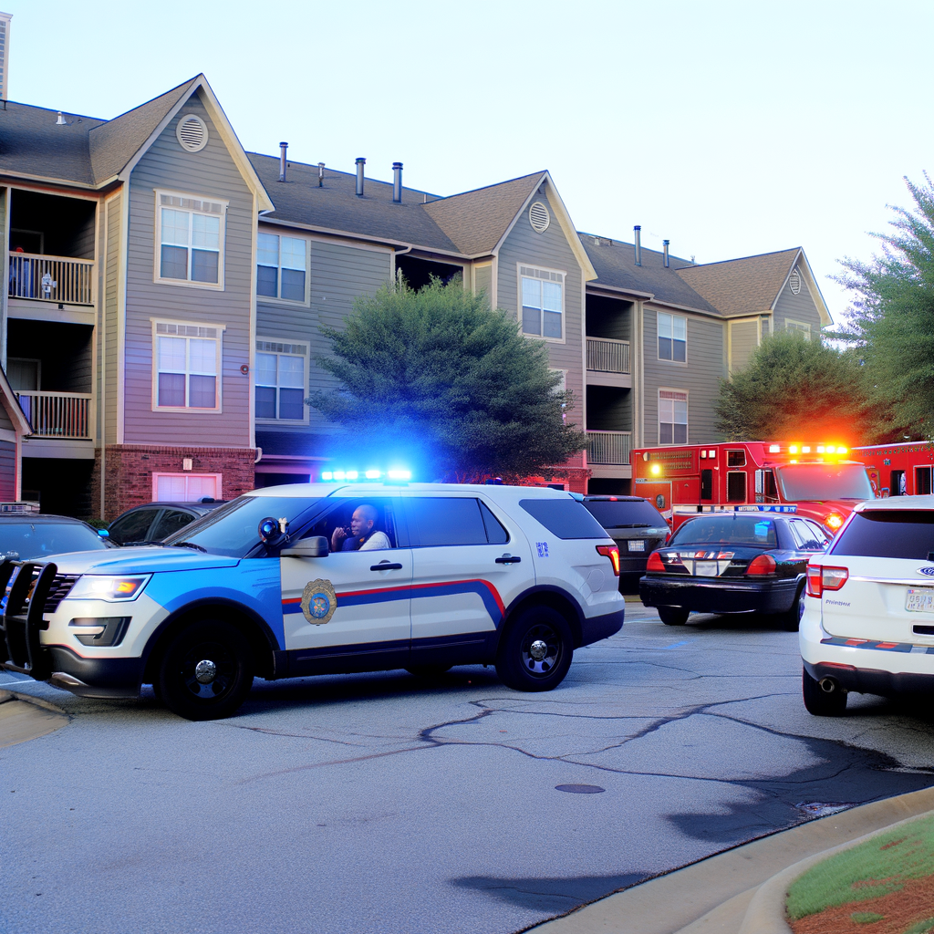 Alt text: "Gwinnett County police at the scene of a domestic shooting incident at Gwinnett Station Apartment Homes, where 24-year-old Marianna Guillen was fatally shot. Police investigate the area as local residents express concerns about safety