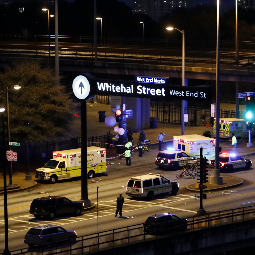 Alt text: "Crime scene near West End MARTA station in Atlanta where a man was fatally shot, with police officers investigating the area on Lee Street."