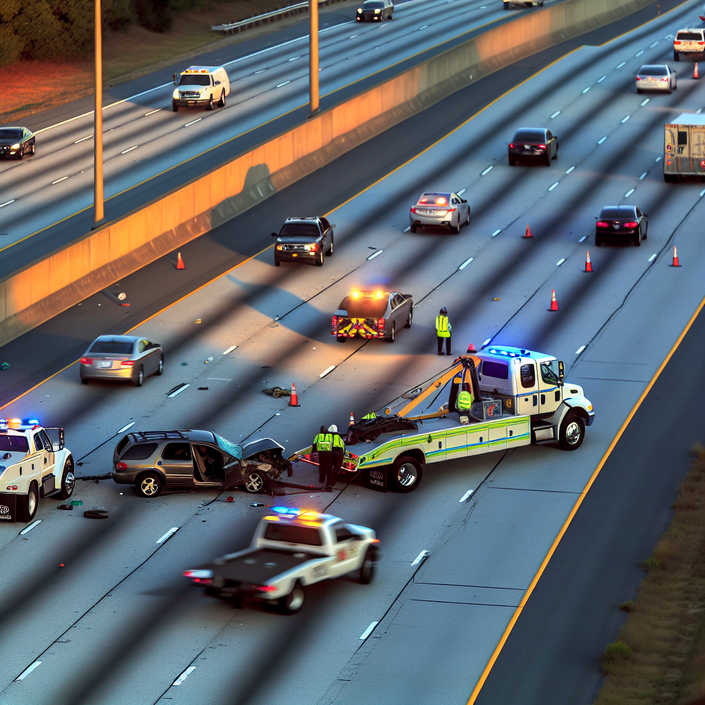 "Emergency responders at the scene of a fatal multivehicle wreck on I-85 South in Gwinnett County, Atlanta, blocking all lanes for five hours after a major traffic collision involving two vehicles."