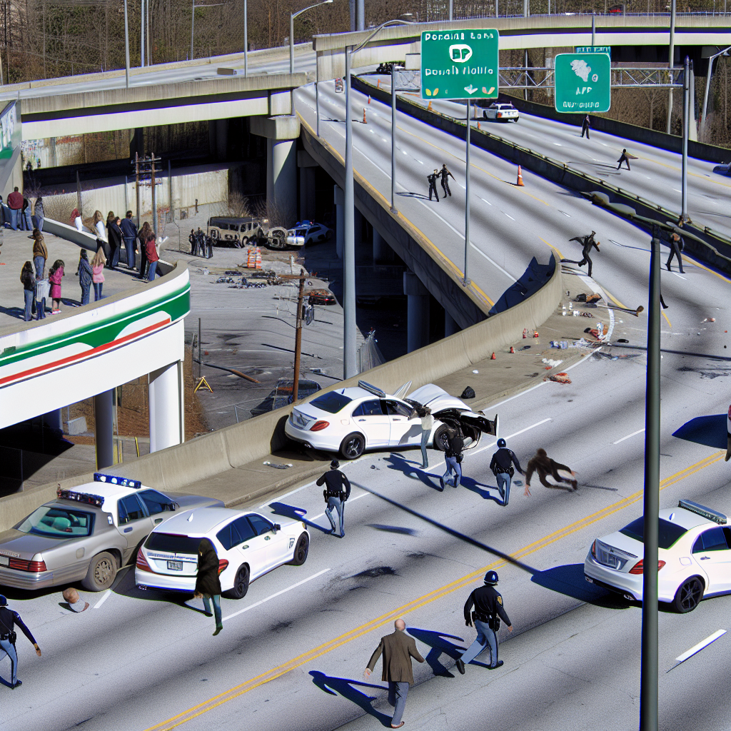 Alt text: "Atlanta police chase scene showing the northside wall of Donald Lee Hollowell Parkway where a suspect jumped off the bridge after fleeing from a traffic stop, leading to serious injuries and hospitalization at Grady Memorial Hospital."