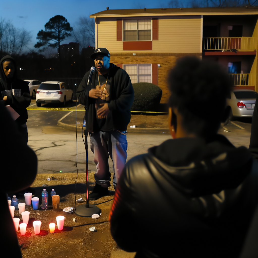 Alt text: "Yung Joc, Atlanta rapper and radio host, speaks emotionally during a candlelight vigil for his brother's three young children who tragically died in an apartment fire in Atlanta's Fairburn Mays neighborhood. The vigil honors 4