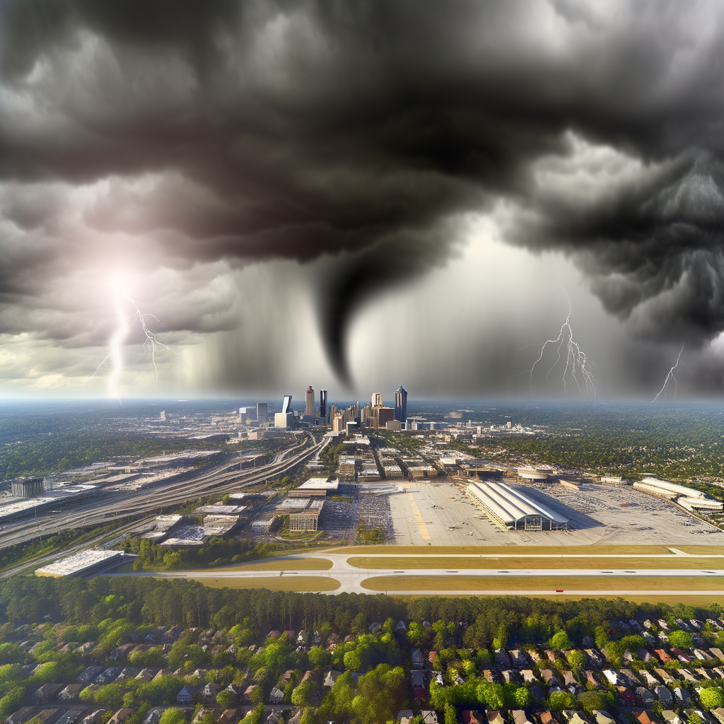 "Severe thunderstorms in Metro Atlanta cause flight ground stop at Hartsfield-Jackson International Airport, with tornado warnings issued for Coweta and Fayette counties. Image shows dark storm clouds gathering over Atlanta skyline, highlighting the intense weather conditions affecting the region."