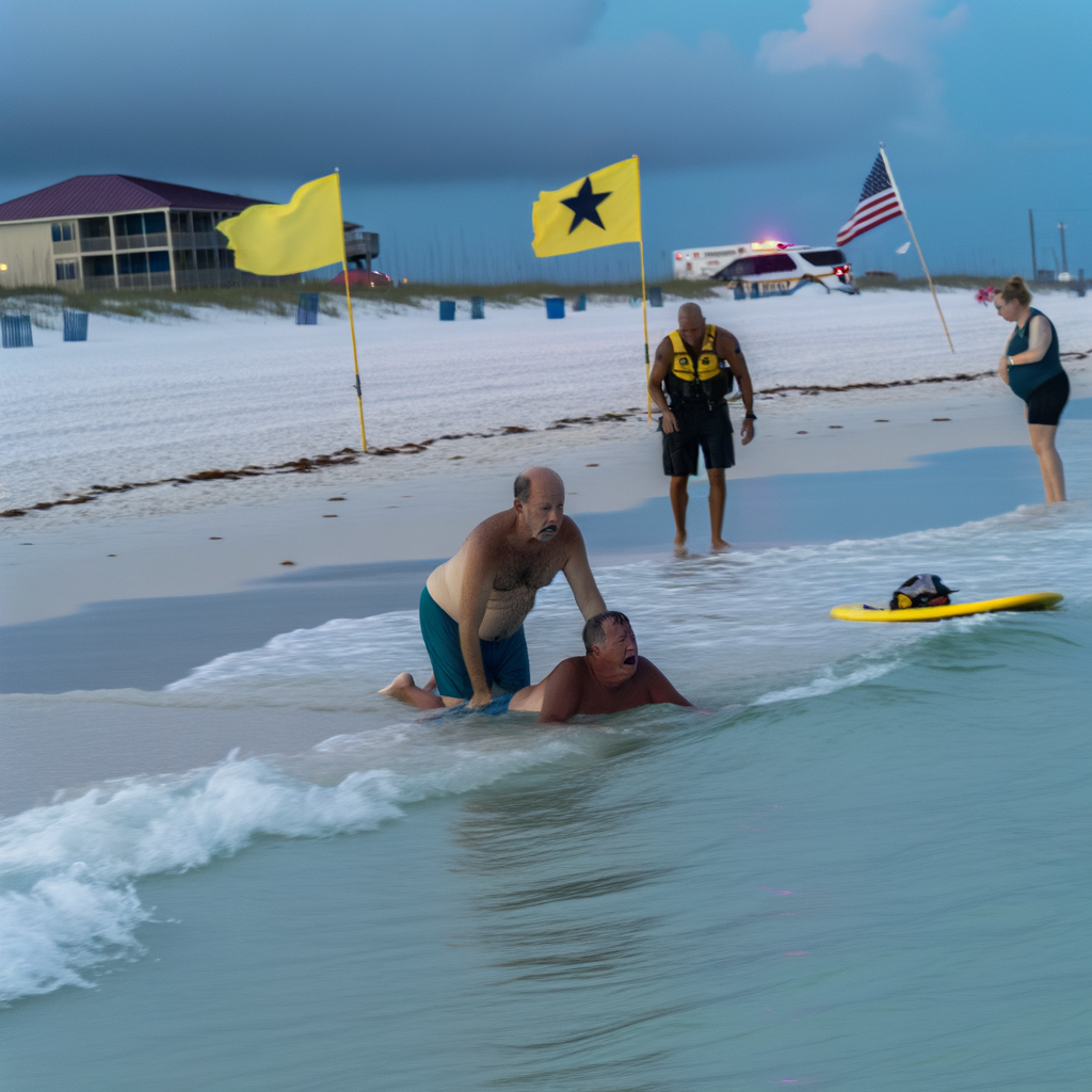 Alt text: "Emergency responders at SunDestin Beach Resort in Destin, Florida, where a tragic drowning incident occurred involving a Buford couple while swimming with their son. Yellow flags indicate moderate surf conditions as local authorities conduct a search and rescue operation