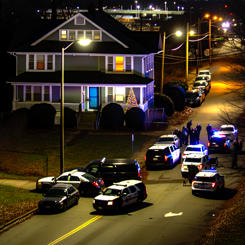 Alt text: "Gwinnett County police vehicles at the scene of a fatal shooting on Creeldale Drive, where a woman in her 30s was found dead inside her home. Christmas tree lights are visible in an upstairs window, highlighting the