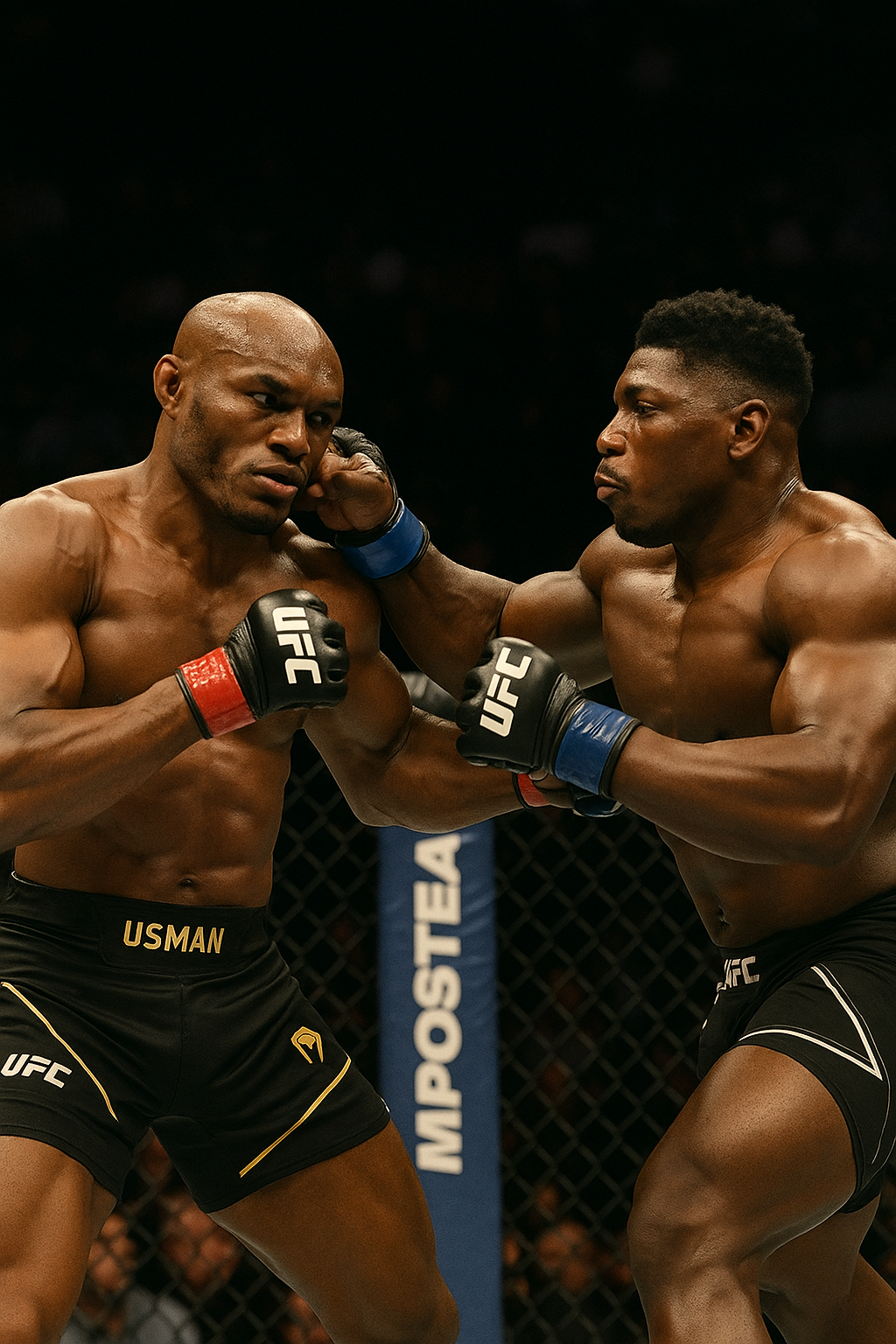 Kamaru Usman and Joaquin Buckley mid-fight in a UFC octagon during a high-energy bout in front of a cheering crowd.