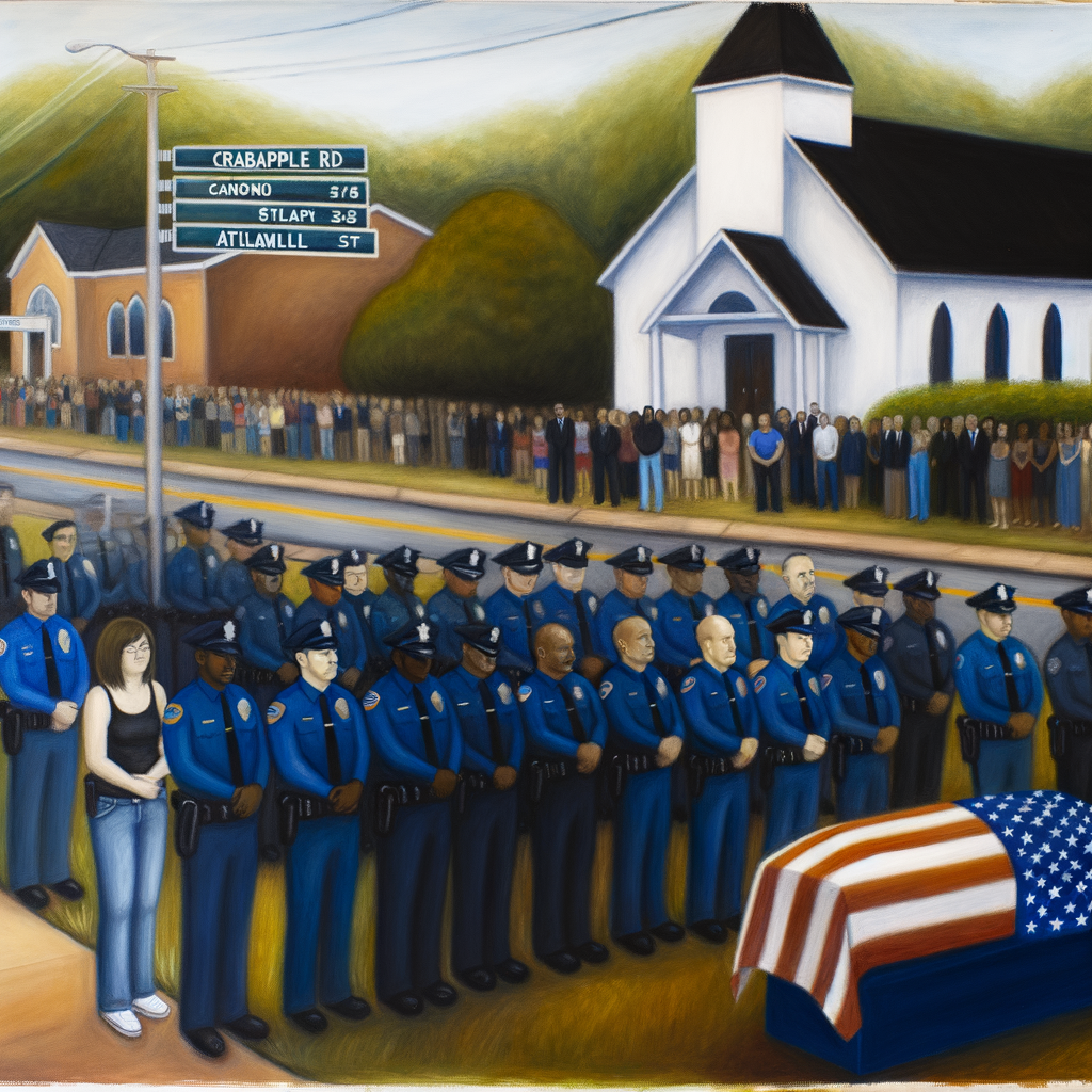 "Procession honoring fallen Roswell police officer Jeremy Labonte, featuring officers in uniform and community members lining Crabapple Road, as they pay tribute to the 24-year-old officer shot in the line of duty, highlighting solidarity in north Fulton County."