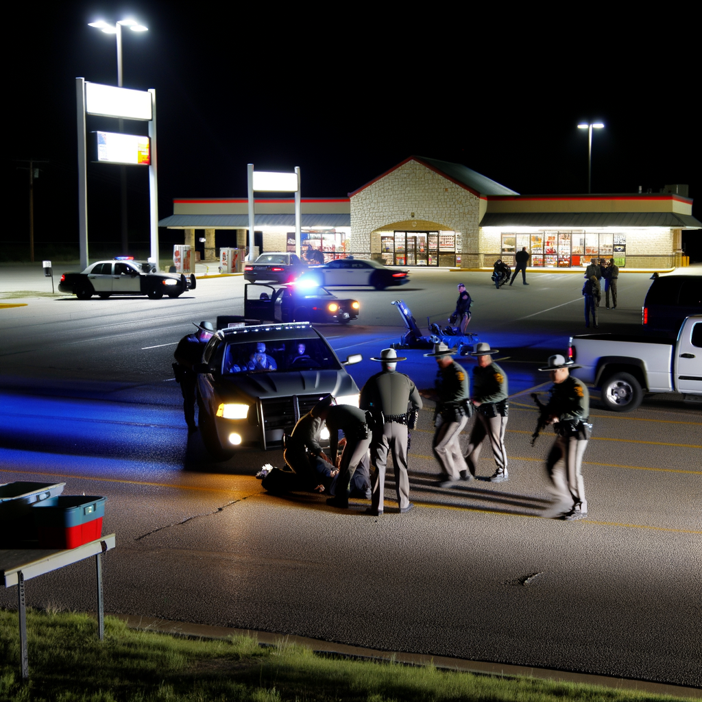 "Georgia State Patrol trooper at the scene of a shootout with alleged street racers in Rockdale County, highlighting the dangers of illegal racing on I-20. One trooper injured and suspects arrested after gunfire exchange."