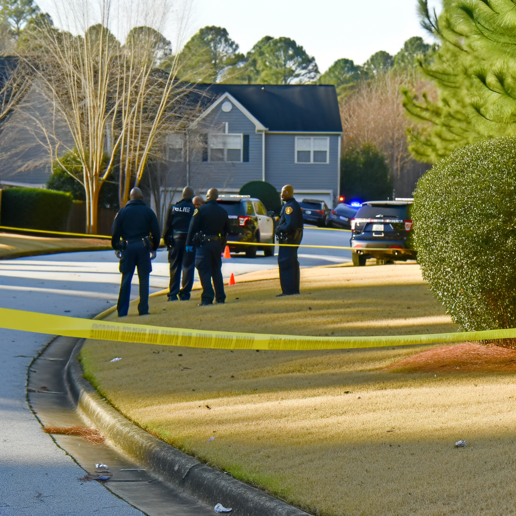 "Crime scene on Bellmist Drive in South Fulton, Atlanta, where police investigate the double homicide of two men found dead, with crime scene tape visible and Cedar Grove Road nearby."