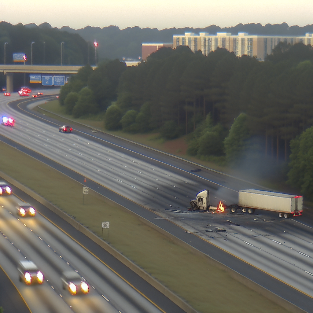 "Traffic moving smoothly again on I-285 in Dunwoody after big rig crash and fire closure, with vehicles passing the reopened westbound lanes post-accident."