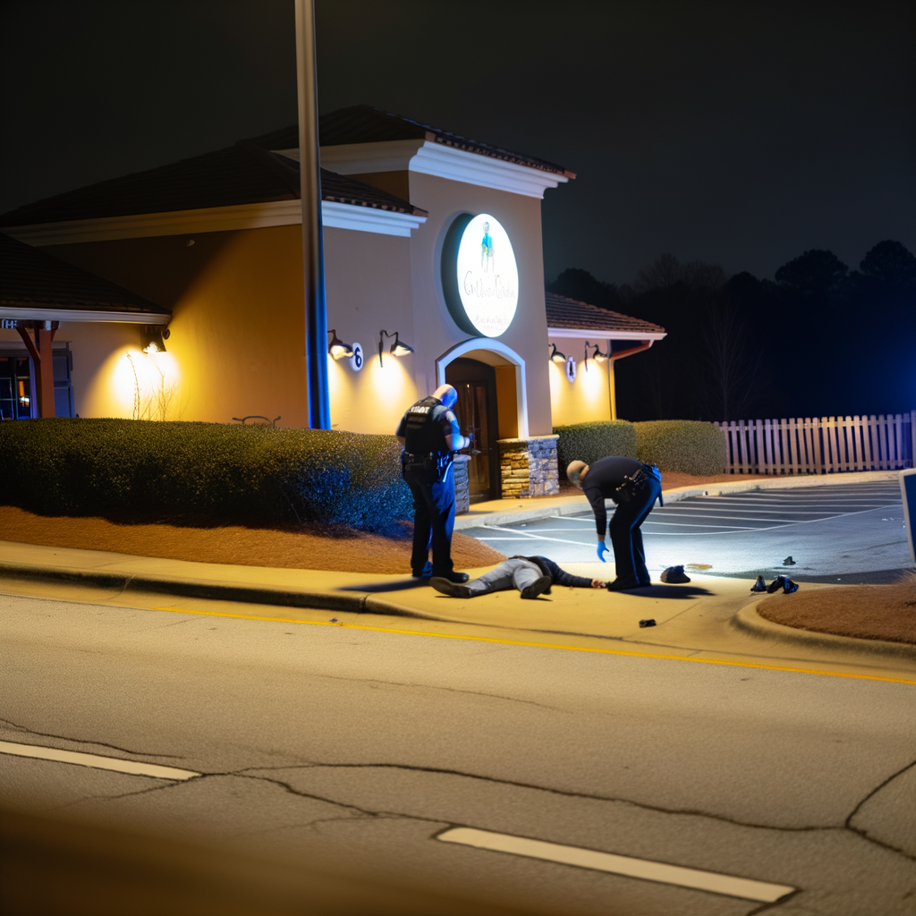 Alt text: "Marietta police investigate the scene of a fatal shooting outside Costa Mar Seafood and Grill restaurant on Franklin Gateway, where a man was shot and killed shortly after midnight."