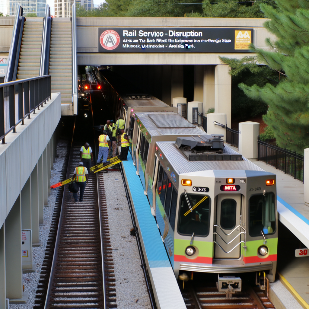 Alt text: "MARTA train service disruption in downtown Atlanta due to mechanical issues, with King Memorial station escalators closed and a bus bridge established for passenger transport between Georgia State and Candler Park stations."