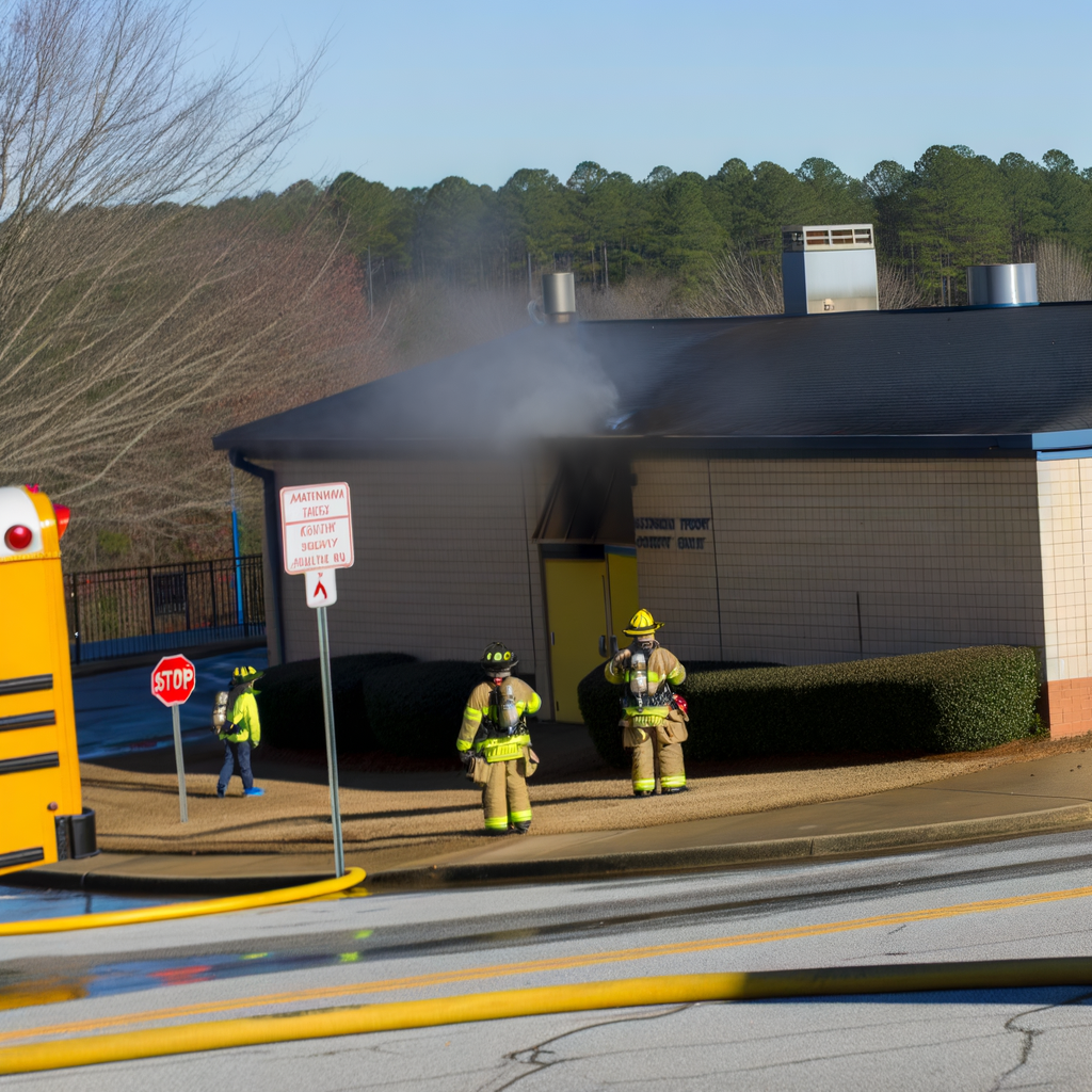 Alt text: "Firefighters respond to smoke-filled Tritt Elementary School in Marietta, Cobb County, after a malfunctioning HVAC system caused a small fire in an AC wall unit on Wednesday morning. One person was hospitalized for smoke inhalation as school