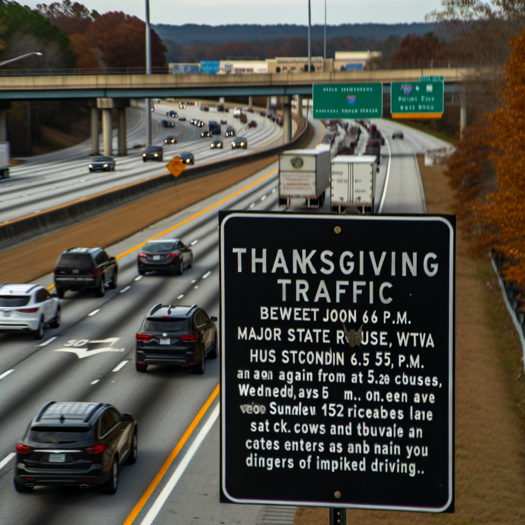 "Heavy Thanksgiving traffic on Atlanta highways with warning signs for safe driving practices, highlighting increased crash risks and GDOT lane closure suspensions for holiday travel safety."