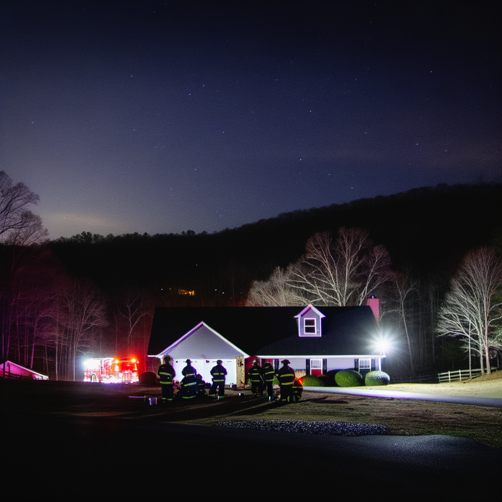 "Emergency responders at the scene of a devastating house fire on Tree Top Lane in Cohutta, Georgia, where five lives were lost, including three children. Whitfield County Fire Department officials investigate the tragic incident as fire trucks work to extinguish the flames