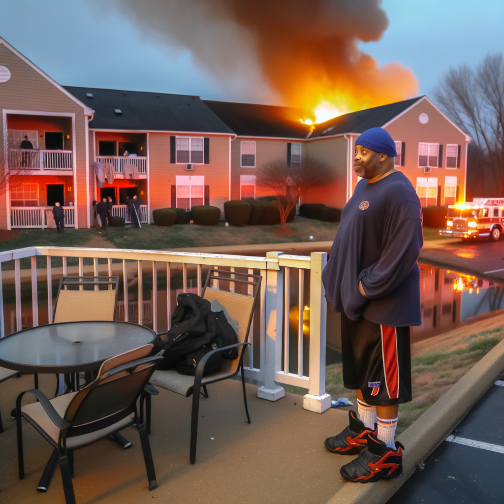 "Firefighters battling massive blaze at The Langston Apartments in College Park, Atlanta, as residents evacuate in cold weather. Flames engulf building, with smoke billowing from balcony and patio furniture illuminated by fire."