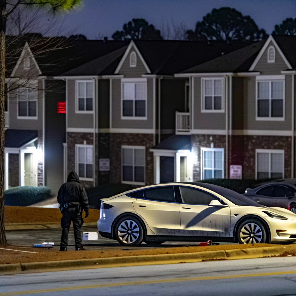 Alt text: "Scene of a homicide investigation at Crystal Heights apartments in southwest Atlanta, where a man was found shot to death in the passenger seat of a white Tesla Model Y early Thursday morning."