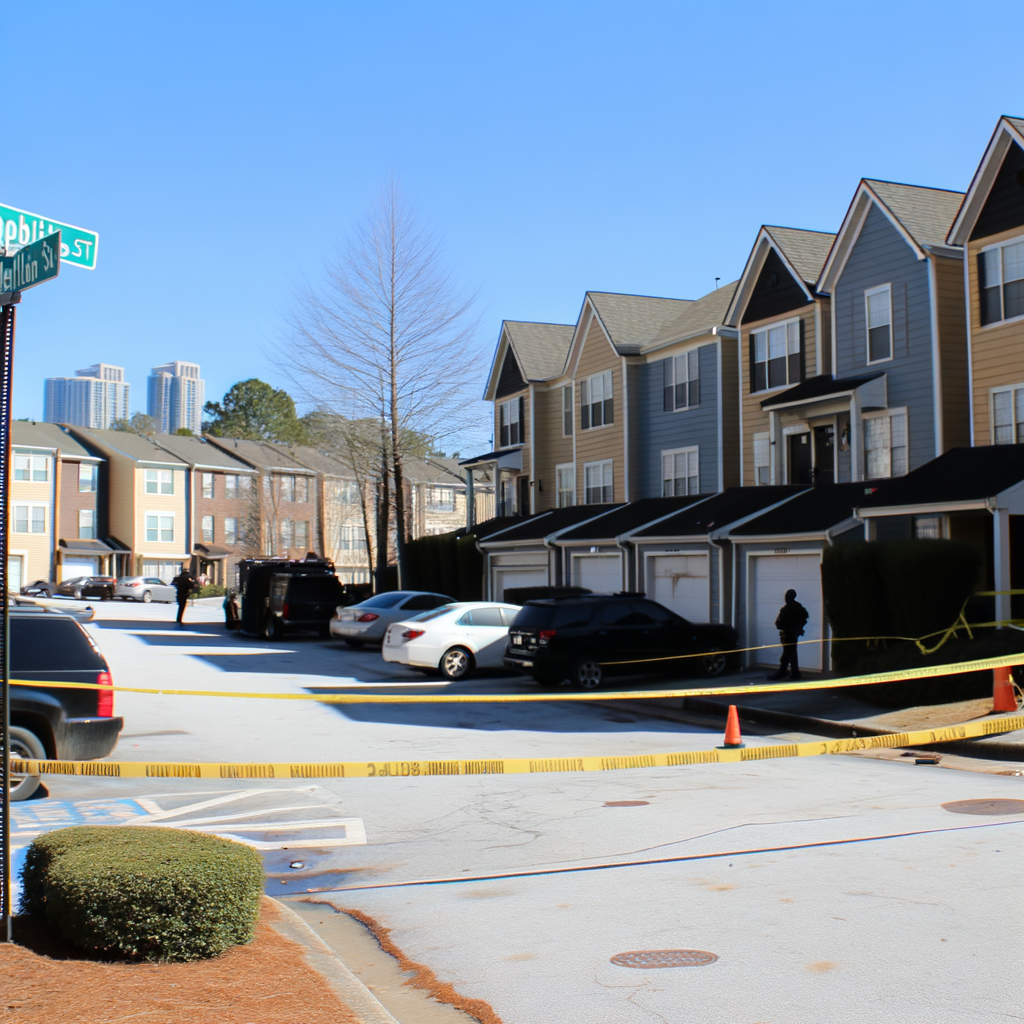 Alt text: "Atlanta SWAT team at Oakland Park Townhomes following a deadly shooting incident, where police searched for a suspect accused of fatally shooting his roommate over money disputes. Officers stand outside the apartment complex as residents are kept away during the st