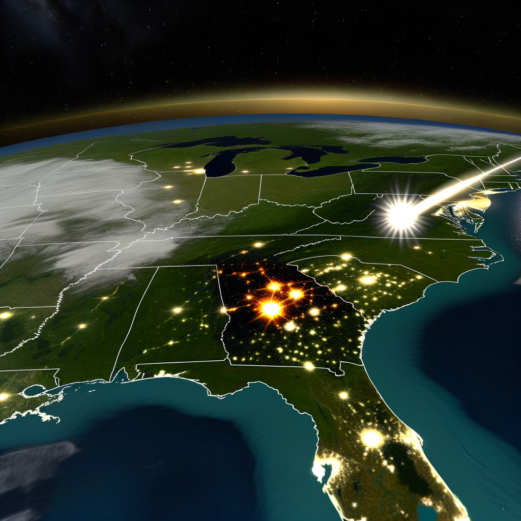 "Fireball sighting over Georgia captured in dramatic image, highlighting reports of a meteor streaking through the southeastern U.S. as shared by the American Meteor Society and Channel 2 Action News."